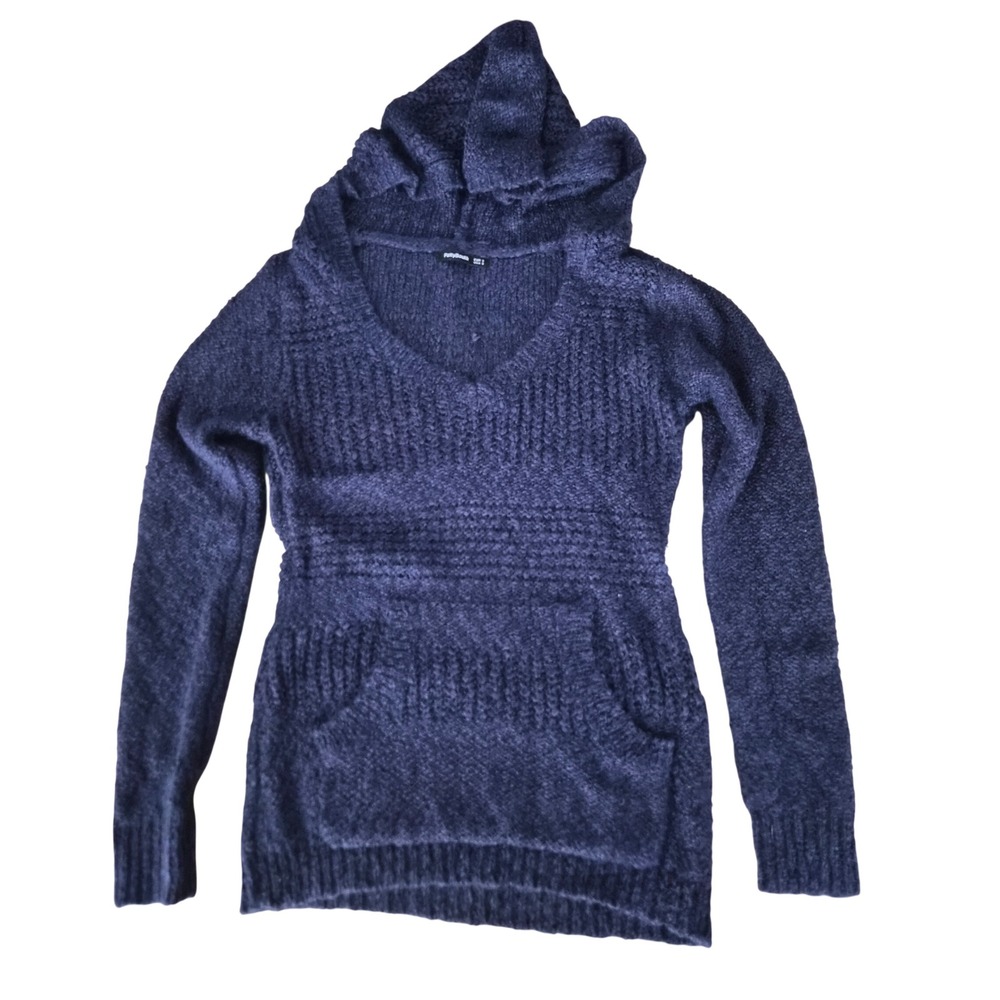 PattyBoutik Navy Blue Knit Hooded V-Neck Sweater Kangaroo Pocket Small